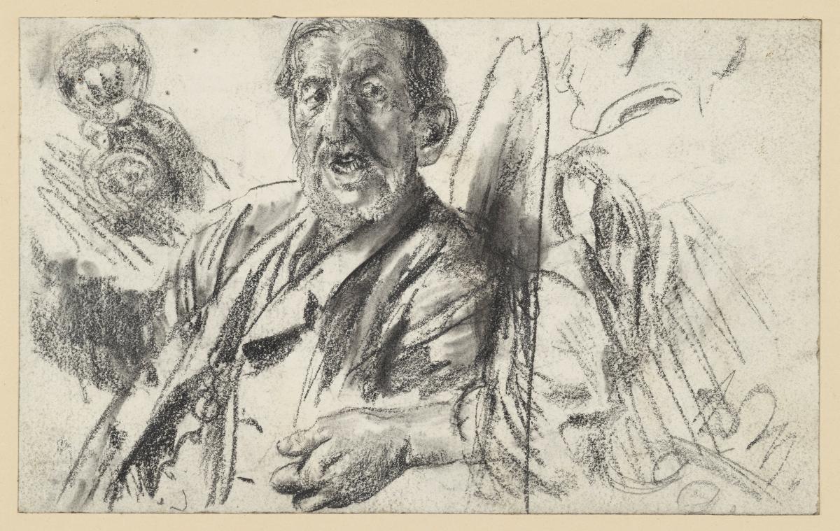 Männliches Brustbild mit offenem Mund, Armstudie und Hand mit Glas