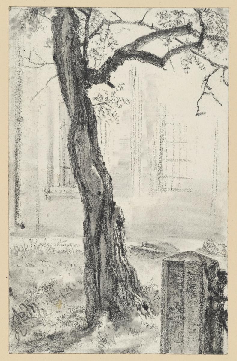 Knorriger Baumstamm auf dem Friedhof bei einer Kirche, vorn steinerner Pfosten mit Gitteransatz