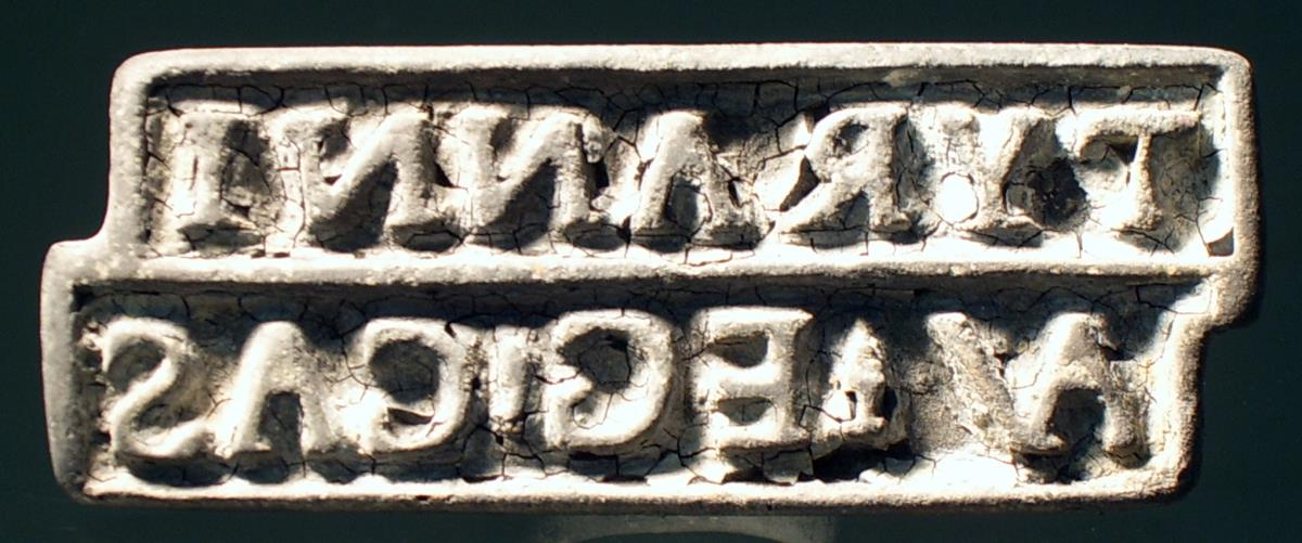 Mehreckiger Stempel mit zweizeiliger lateinischer Inschrift: TYRANNI / AV . EG . CAS