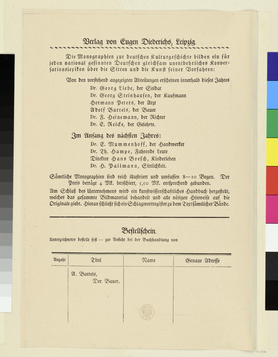 Prospekt mit Bestellschein zu Monographien zur deutschen Kulturgeschichte