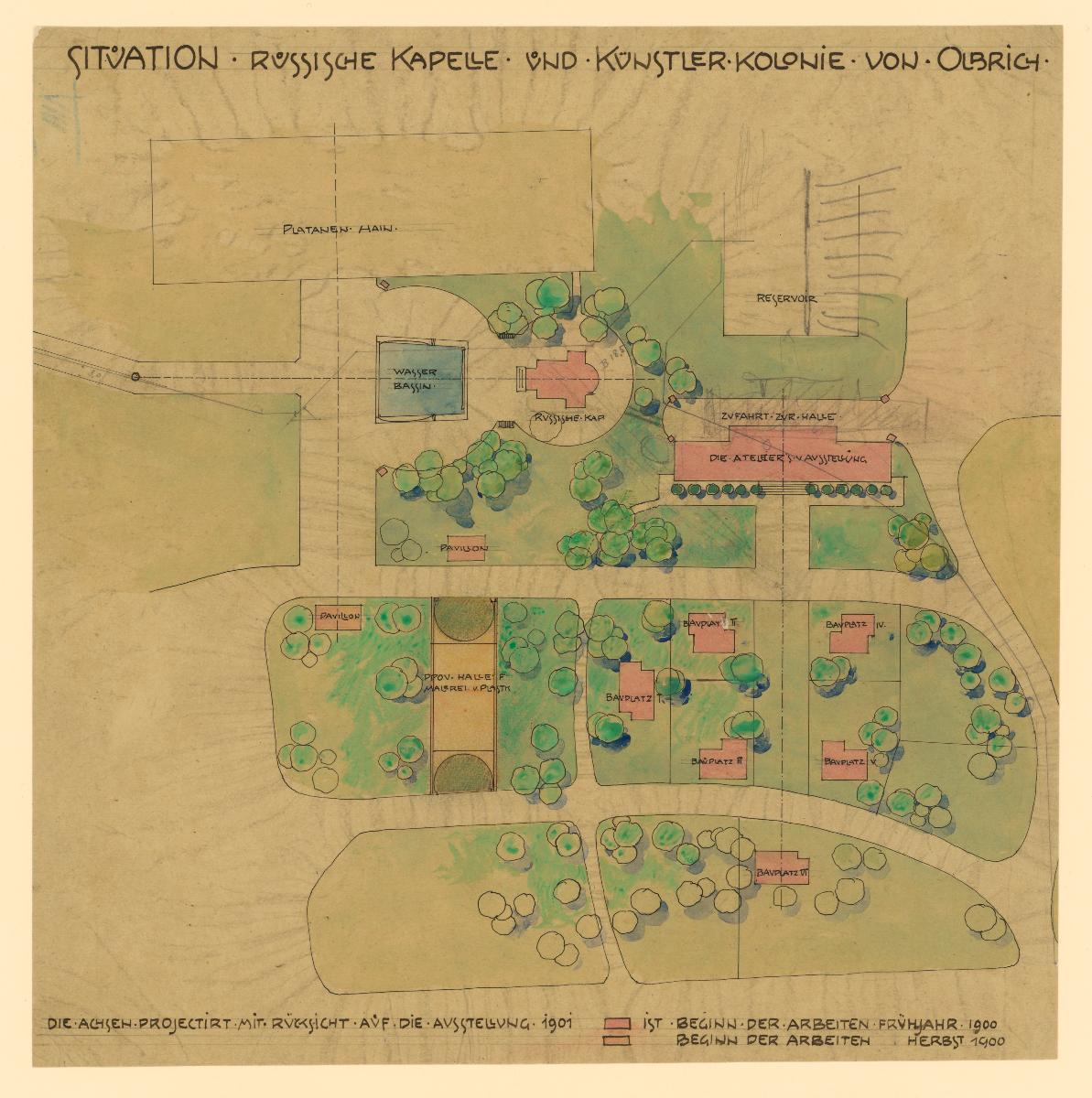 Darmstadt, Bebauungsplan für die Künstlerkolonie-Ausstellung, Mathildenhöhe, Situationsplan