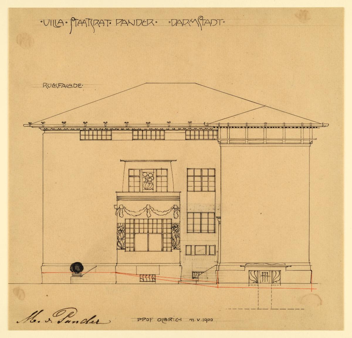 Darmstadt, Projekt Wohnhaus und Stallgebäude für Dr. von Pander, Aufriss der rückwärtigen Fassade des Wohnhauses