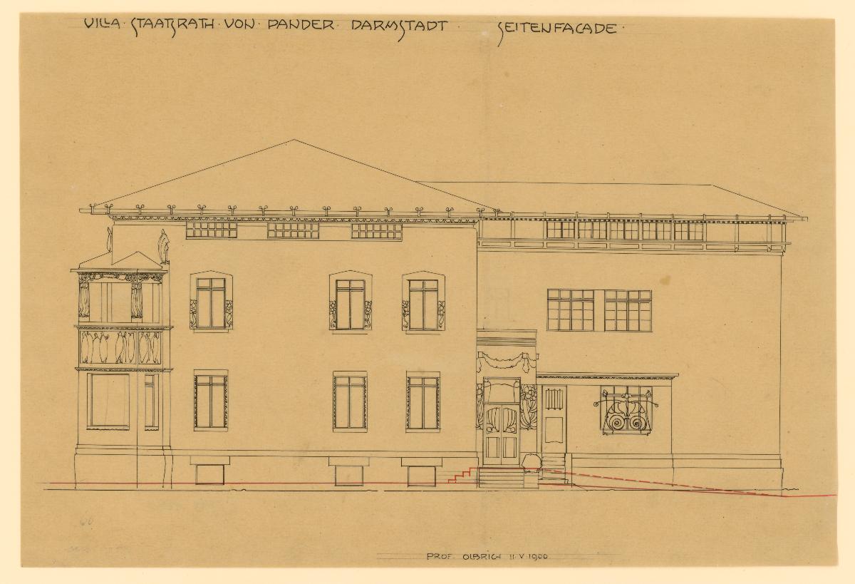 Darmstadt, Projekt Wohnhaus und Stallgebäude für Dr. von Pander,  Aufriss einer Seitenfassade des Wohnhauses