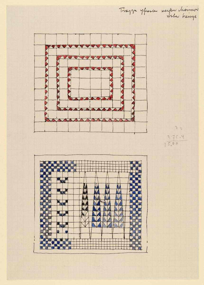 Darmstadt, Wohnhaus Olbrich, Erdgeschoss, Vorplatz, zwei Fußbodenentwürfe