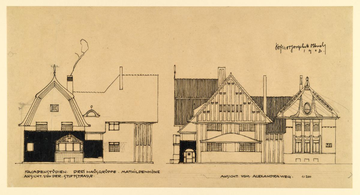 Darmstadt, Dreihäusergruppe, vorbereitende Skizze, Aufrisse der West und Südfassaden