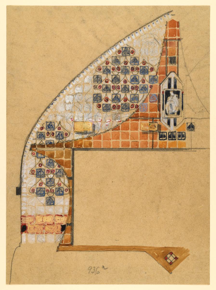 Darmstadt, Dreihäusergruppe, Teilaufriss des Erkers an der Westfassade des Blauen Hauses