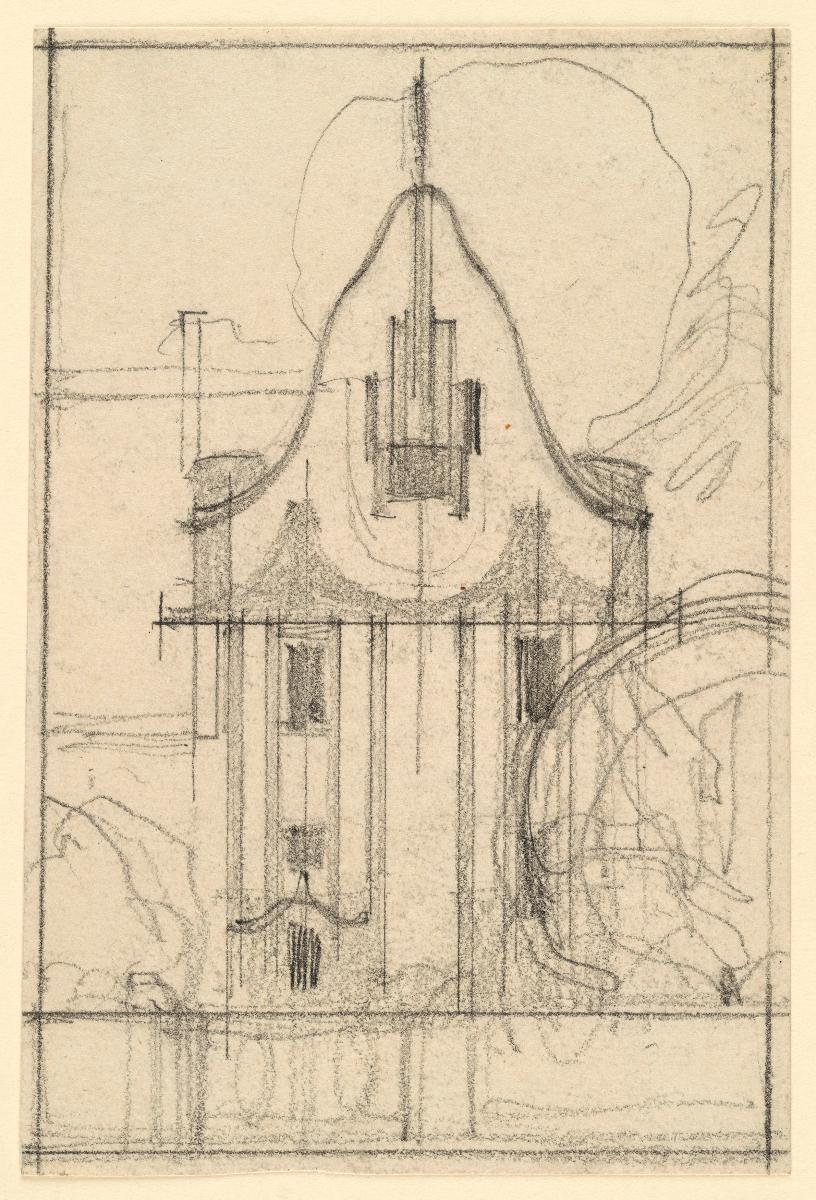 Darmstadt, Dreihäusergruppe, Skizzenblatt mit Aufriss der Südfassade des Predigerhauses