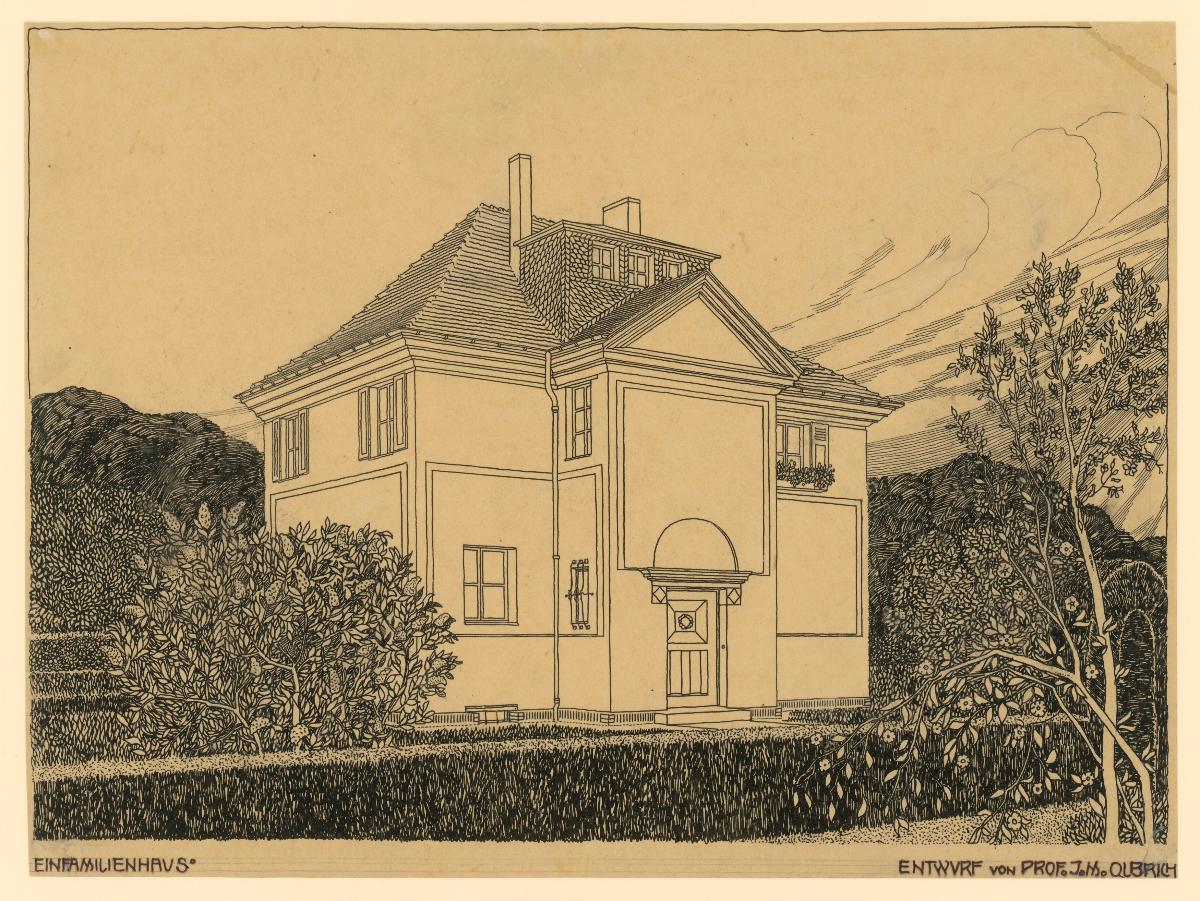 Darmstadt, Projekt dreier Hausentwürfe für die Gartenvorstadt am Hohlen Weg, zweieinhalbgeschossiges Haus, Perspektive