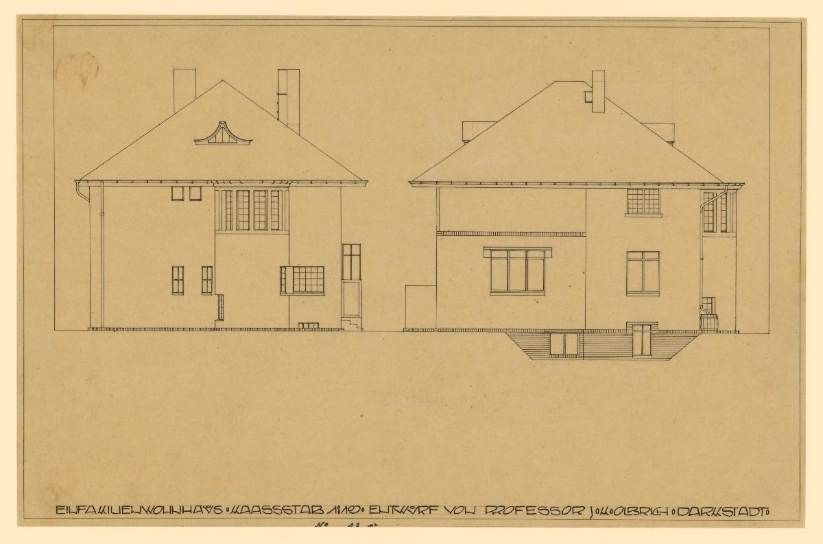 Darmstadt, Projekt dreier Hausentwürfe für die Gartenvorstadt am Hohlen Weg, zweigeschossiges Haus, Aufrisse zweier Fassaden