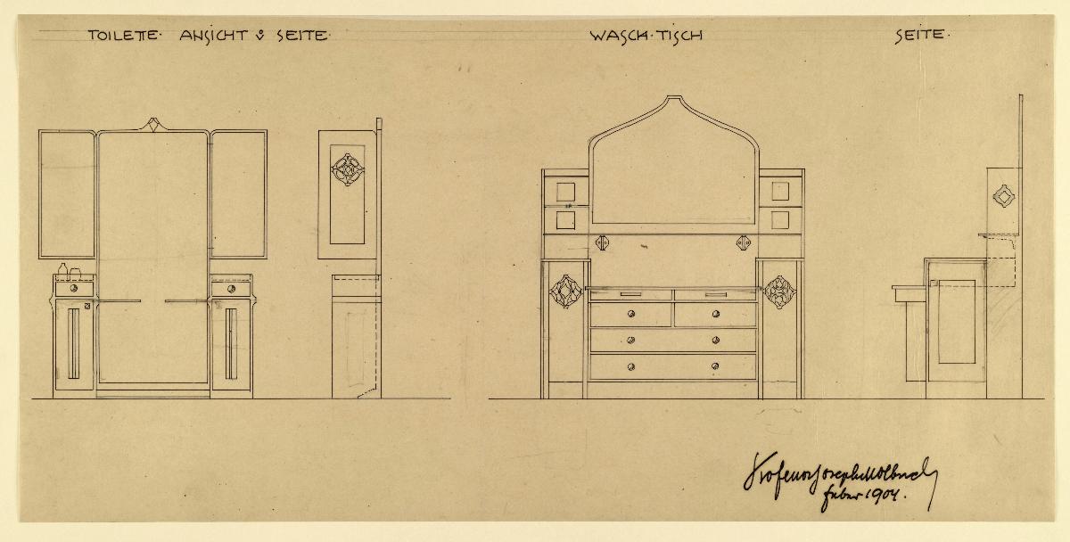 Darmstadt, Zimmer für K. Rapp, Schlafzimmer, Aufrisse und Seitenansichten von Toilettenschrank und Waschtisch