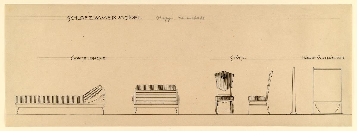 Darmstadt, Zimmer für K. Rapp, Schlafzimmer, Aufrisse und Seitenansichten von Chaiselongue