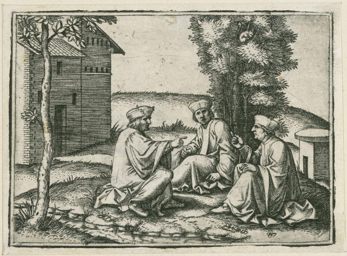 Drei Gelehrte im Garten (darunter Amedeo Berruti)