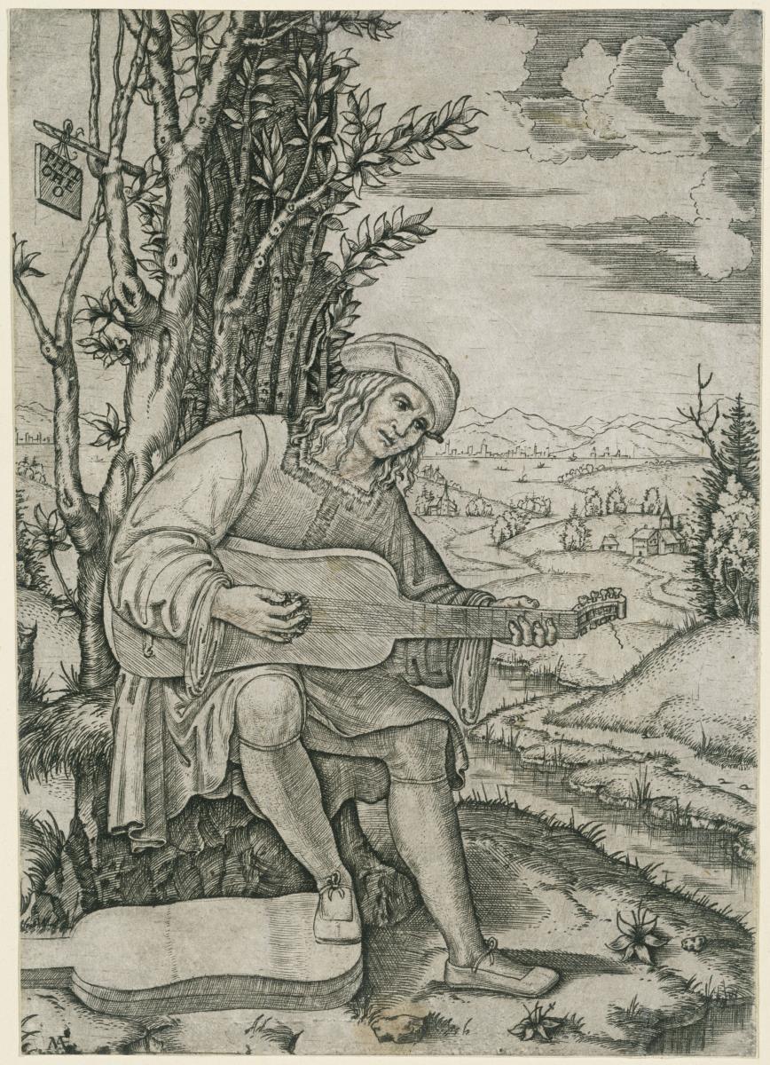 Gitarrenspieler unter einem Baum vor einer Landschaft sitzend (Bildnis des Giovanni Achillini, genannt Filotèo)