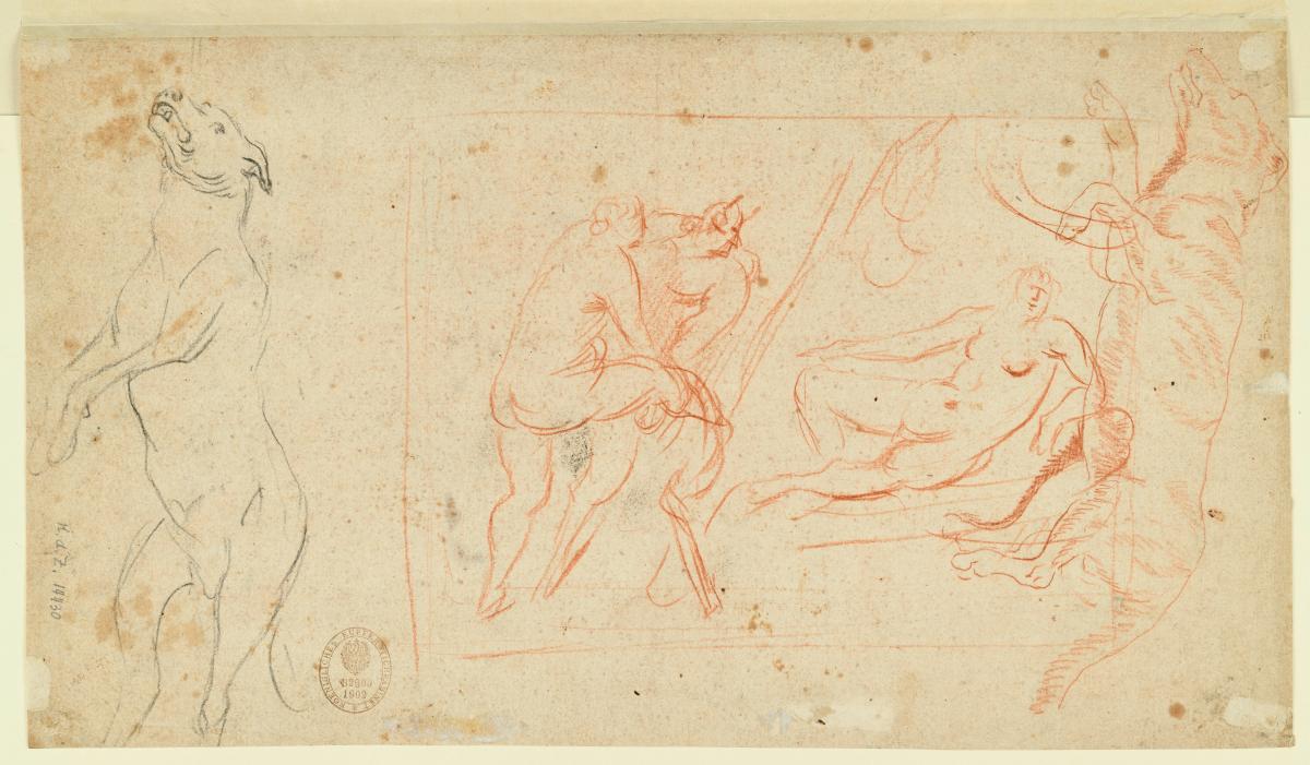 Liegende Nymphe, Satyr, eine Nymphe umarmend, zwei Hundeskizzen