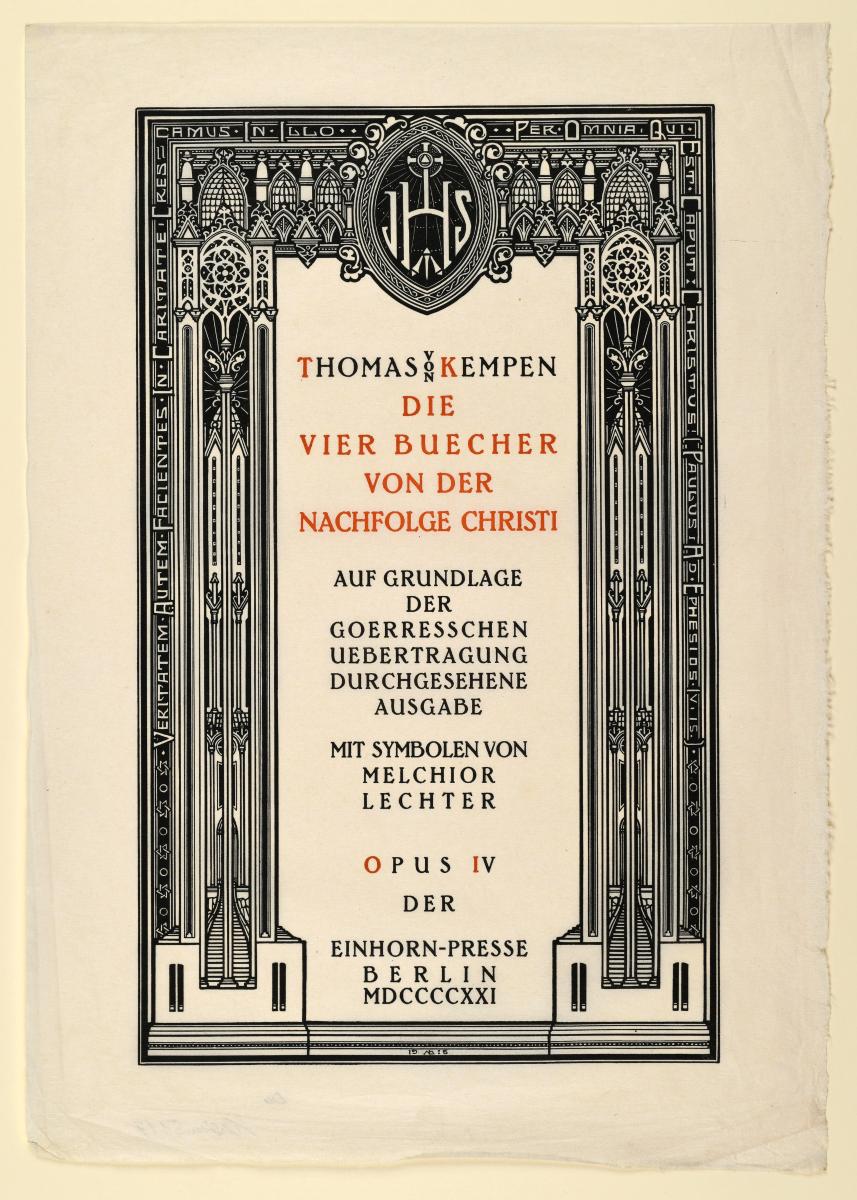 Probedruck des Titelblattes zu Thomas von Kempen Die vier Bücher von der Nachfolge Christi