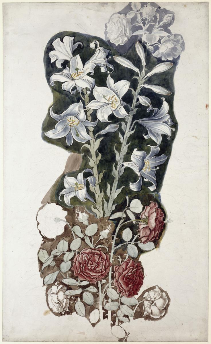 Blühende Lilien und rosen auf dunklem Grund
