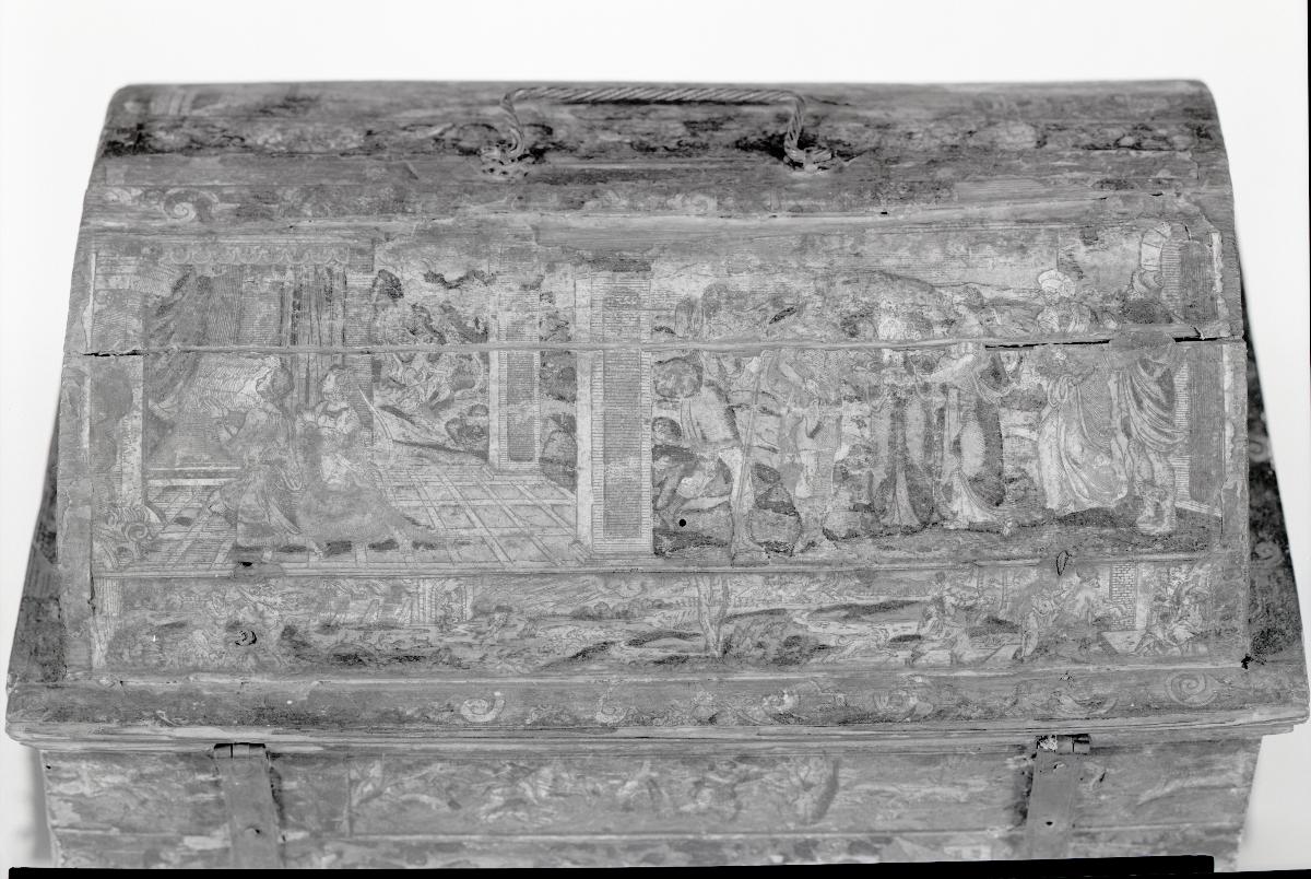 Holzkassette, beklebt mit kolorierten Holzschnitten mit Jagd-, Garten- und Festszenen