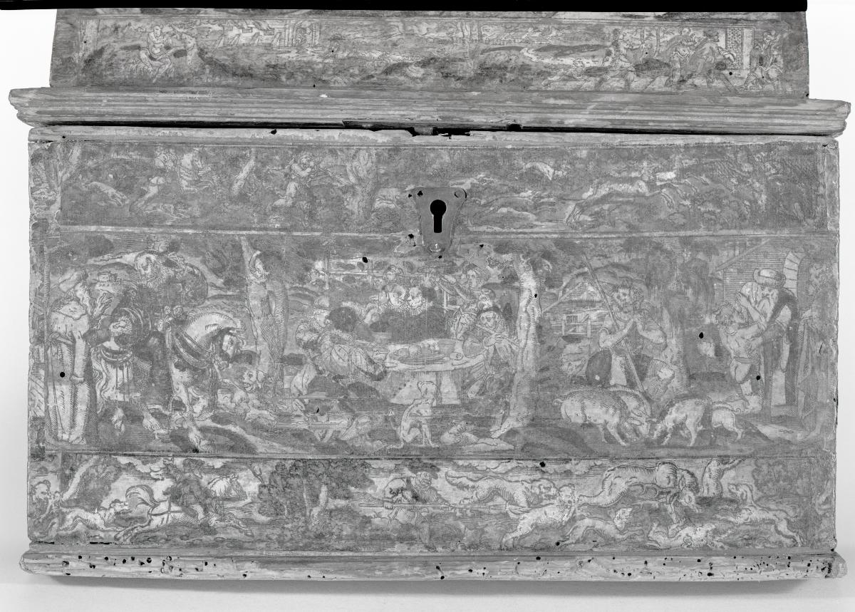 Holzkassette, beklebt mit kolorierten Holzschnitten mit Jagd-, Garten- und Festszenen