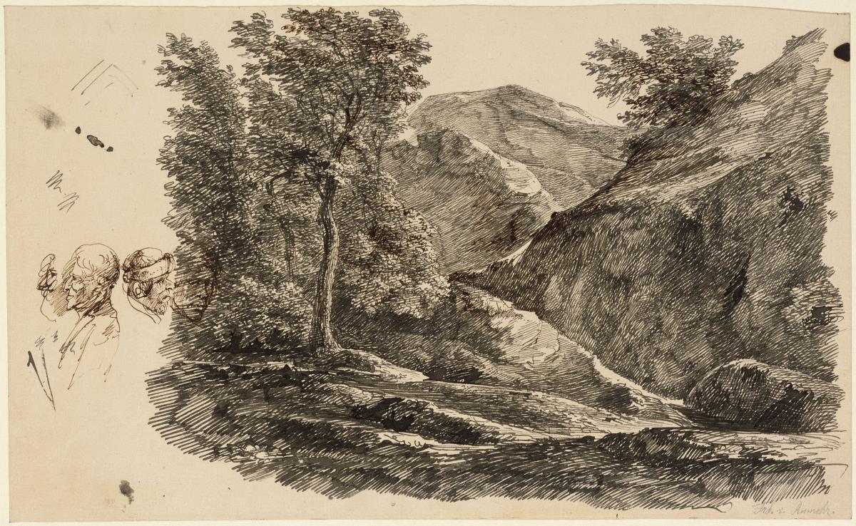 Gebirgslandschaft, links Baumgruppe, daneben karikierte Köpfe