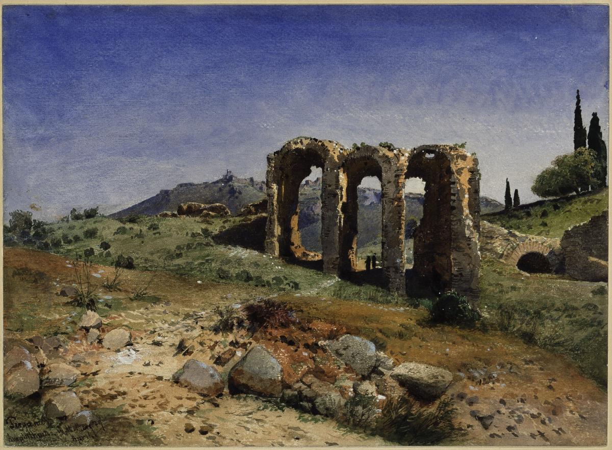 Pergamon. Amphitheater / Der Burgberg von Pergamon zu Beginn der Ausgrabungen: Landschaft mit drei Bögen des Amphitheatera