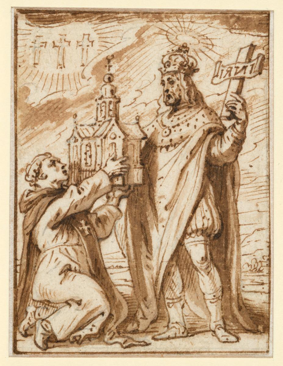 Ein Heiliger reicht kniend dem als König gekleideten Christus das Modell einer Kirche dar, Vorzeichnung für eine Illustration zu einem Andachtsbuch