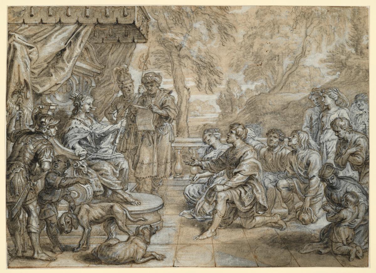 Eine Königin mit Hermelinmantel und Zepter (Semiramis?) auf einem Thron, vor ihr kniet eine Gruppe Männer und Frauen