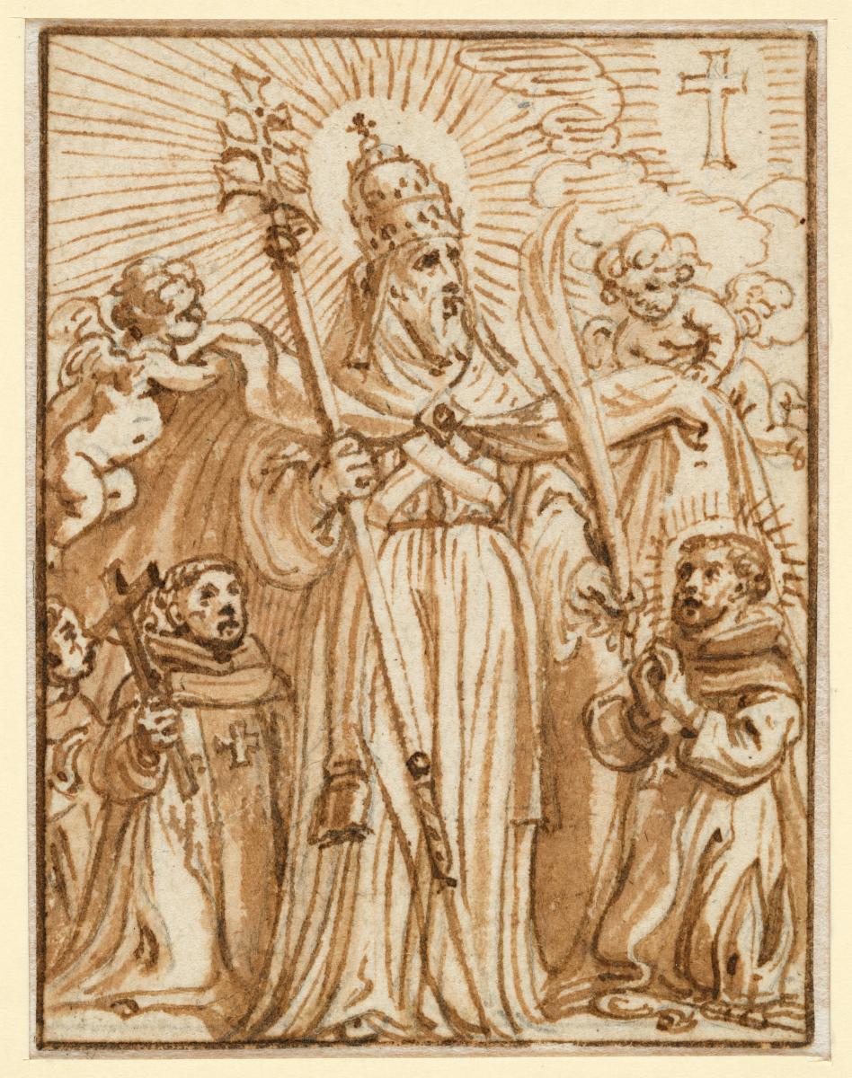 Ein heiliger Papst, dem unter seinem Mantel knienden Heiligen in Ordenstracht die Märtyrerpalme verleihend, Vorzeichnung für eine Illustration zu einem Andachtsbuch