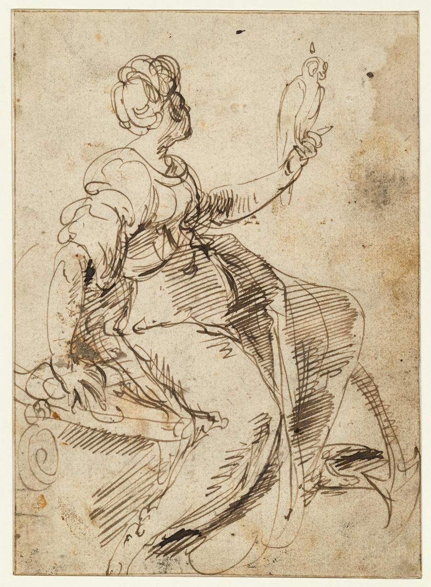 Allegorie der Hoffnung (Spes), weibliche Gestalt mit Jagdfalke und Anker