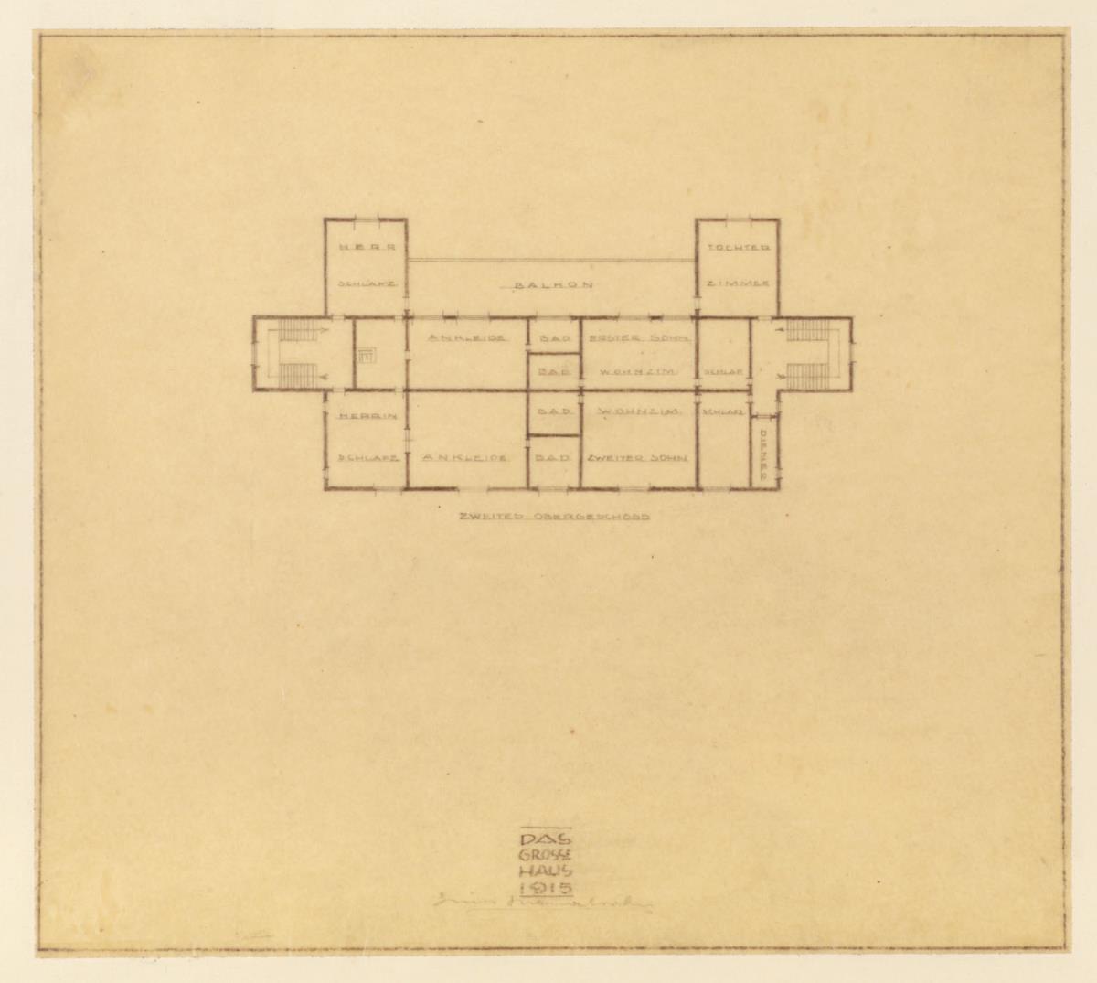 Imaginäre Skizze für eine Villa Erich Mendelsohns, zweites Obergeschoss
