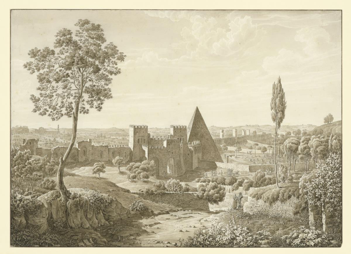 Blick auf Porta S. Paolo, die Cestius-Pyramide und den Friedhof der Deutschen bei Rom