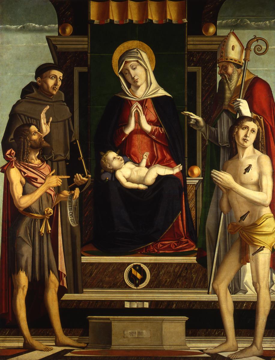 Thronende Maria mit dem Kind und dem heiligen Johannes dem Täufer, Franziskus von Assisi, Sebastian und Nicolaus von Bari