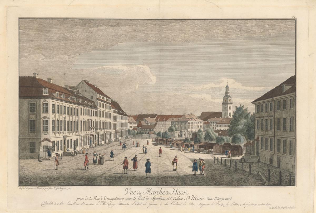 Vue du Marché de Hack prise de la Rue d' Orangebourg, avec le Pont de Spandau et l' Église St. Marie dans éloignement, Berlin