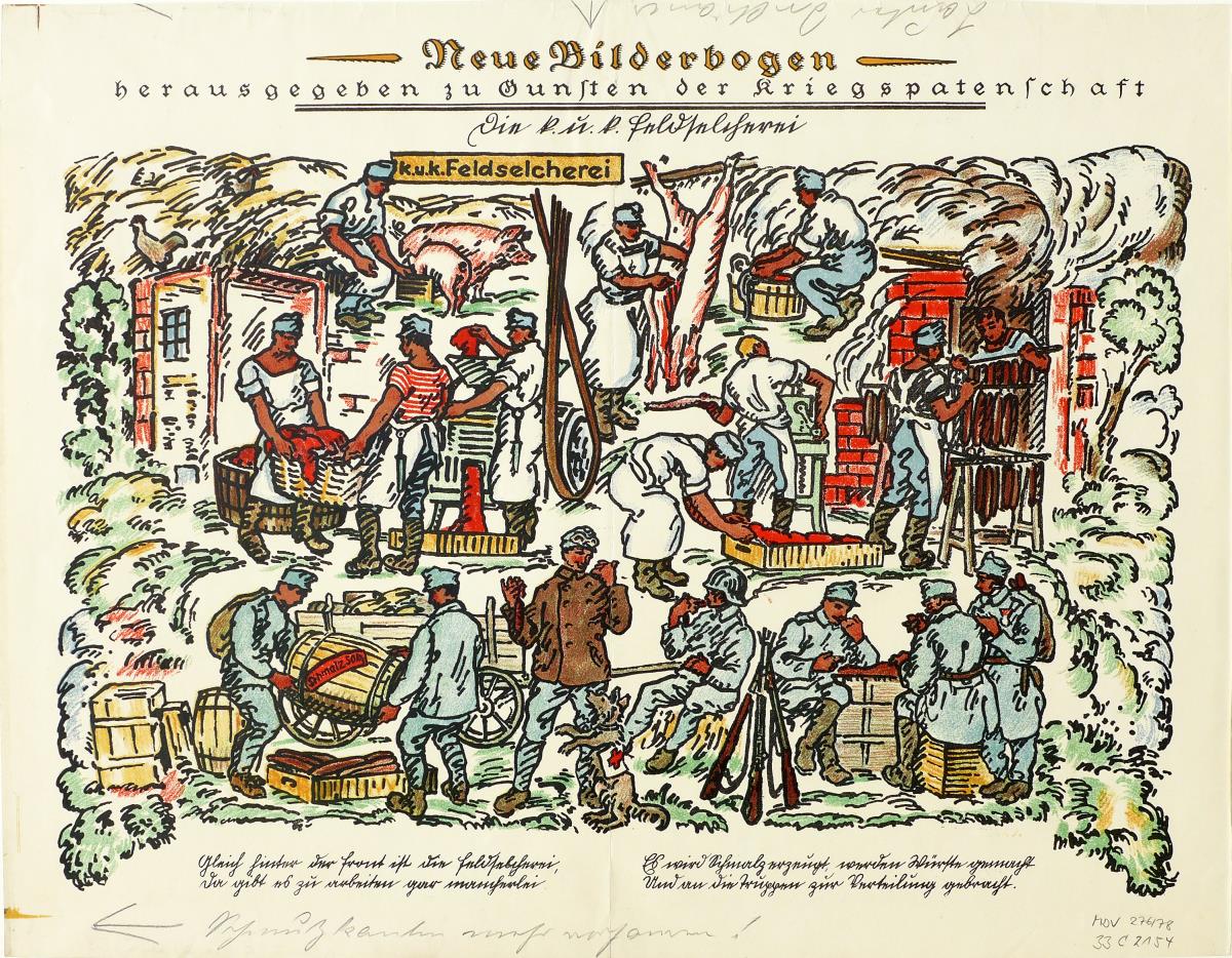 Neue Bilderbogen herausgegeben zu Gunsten der Kriegspatenschaft. Die k. u. k. Feldselcherei.