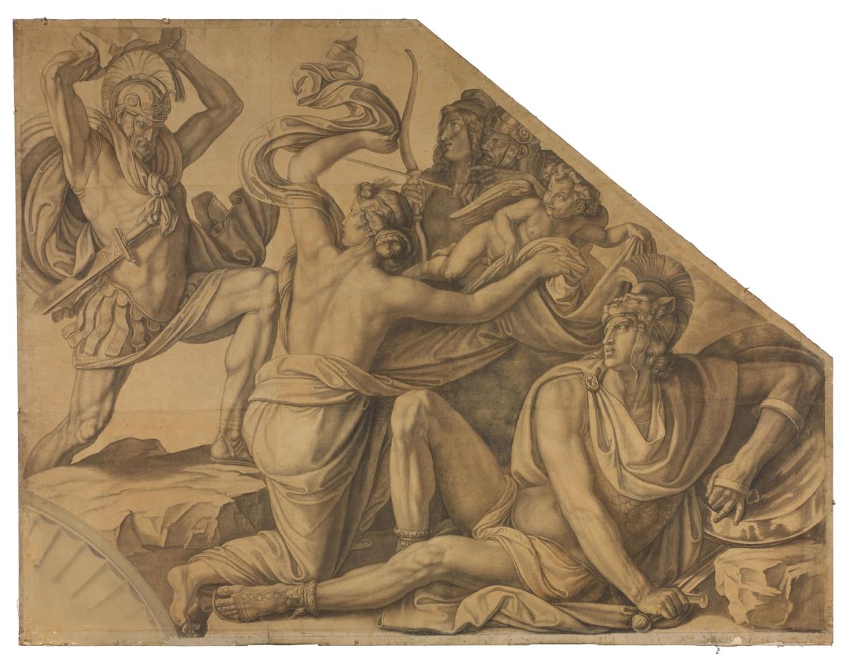 Aphrodite schützt Paris vor Menelaos. Karton zu den Deckenbildern der Münchner Glyptothek