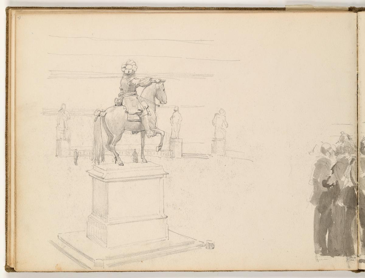 Doppelseite: Reiterdenkmal und Standbilder / Auszeichnungen von Soldaten auf einem Platz in einer französischen Stadt