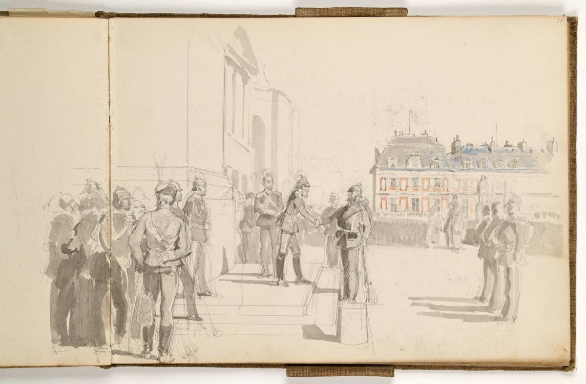Doppelseite: Reiterdenkmal und Standbilder / Auszeichnungen von Soldaten auf einem Platz in einer französischen Stadt