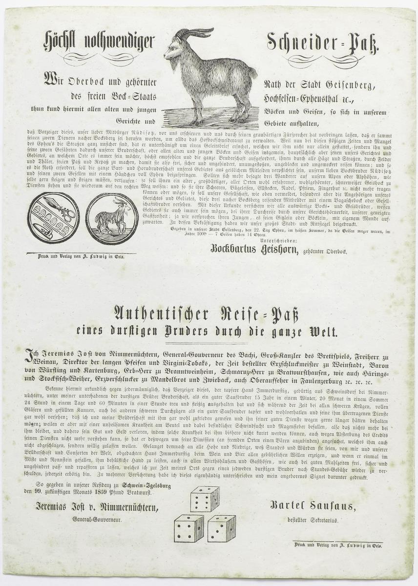 Höchst nothwendiger Schneider-Paß. Authentischer Reise-Paß eines durstigen Bruders durch die ganze Welt.