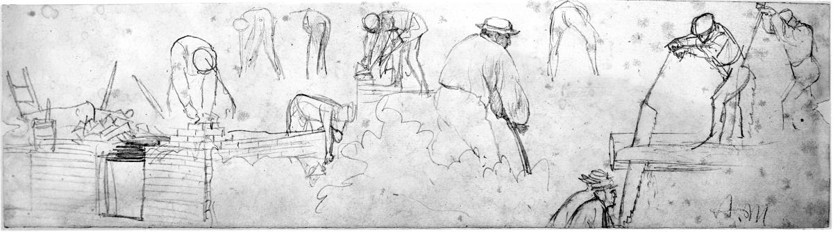 Maurer und Zimmerleute bei der Arbeit
