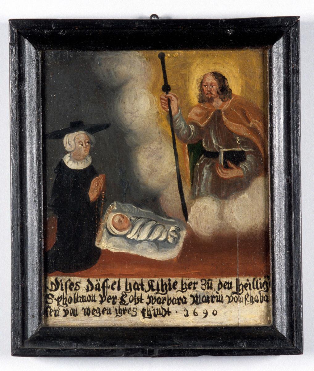 Dises Däffel hat alhieher zu den heiligen S Khollman verlobt Warbara Mairin von schabasen von wegen ihres khindt. 1690.