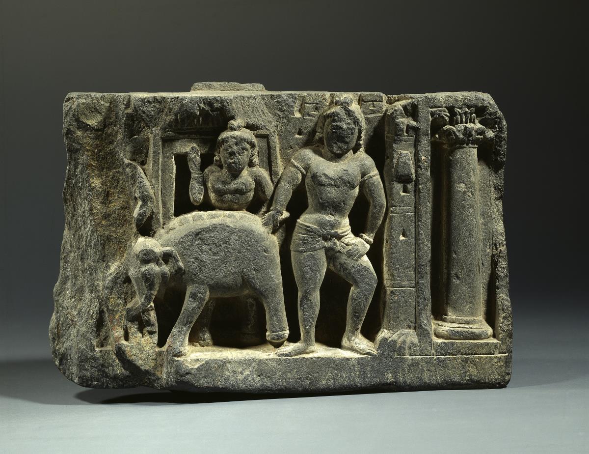 Erzählende Szene (Fragment): Der jugendliche Siddhartha Gautama schleudert einen Elefanten über die Stadtmauer