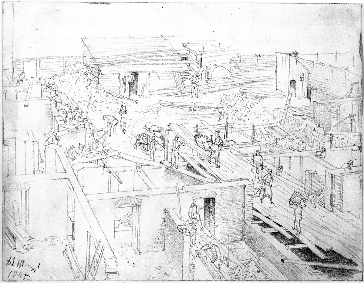 Baustelle mit zahlreichen Arbeitern