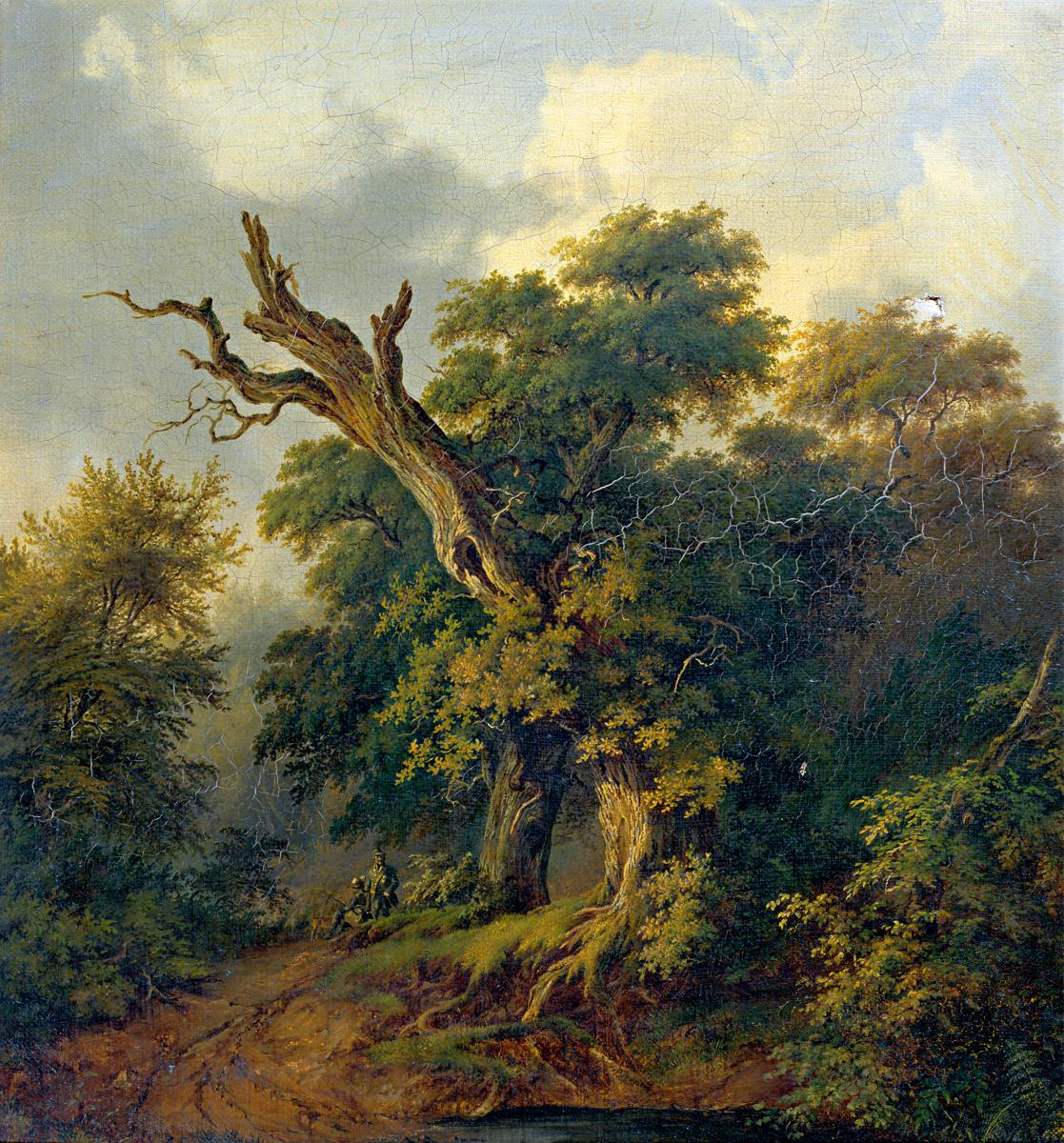 Eichwald. Zwei Jäger an einem Waldweg