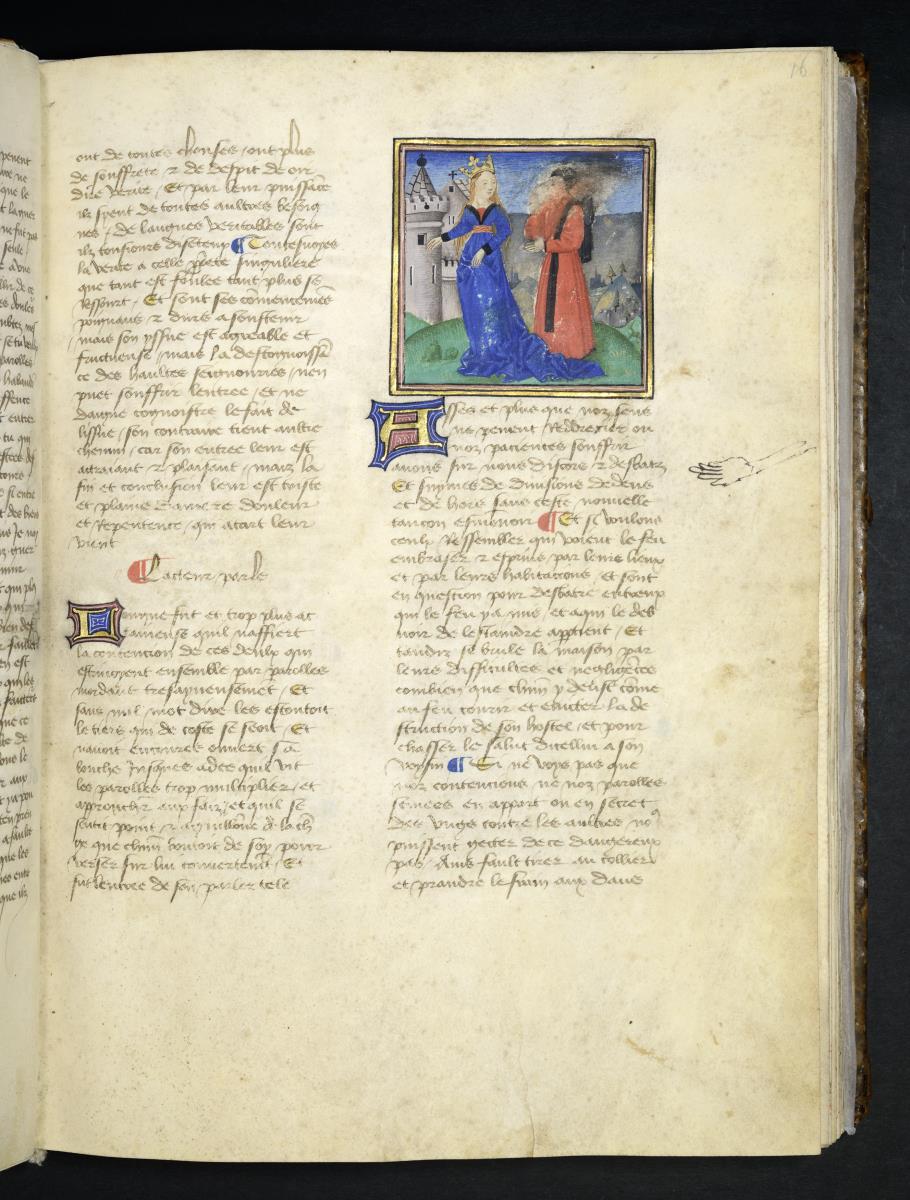 Alain Chartier, Oeuvres poetiques. Die Königin mit einem Edelmann auf einem Hügel vor dem Schloss