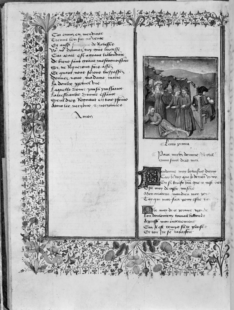 Alain Chartier, Oeuvres poetiques. Dreiseitige Textumrahmung aus Dornblattranken, buntem Blattwerk und Blüten sowie Spruchband. Bildminiatur: Innerhalb eines verfallenen Gemäuers liegt Hiob in zerrissenem goldenen Kleid, von Frau und Freunden beklagt. Neben der Mauer sitzt rechts eine lesender Edelmann.