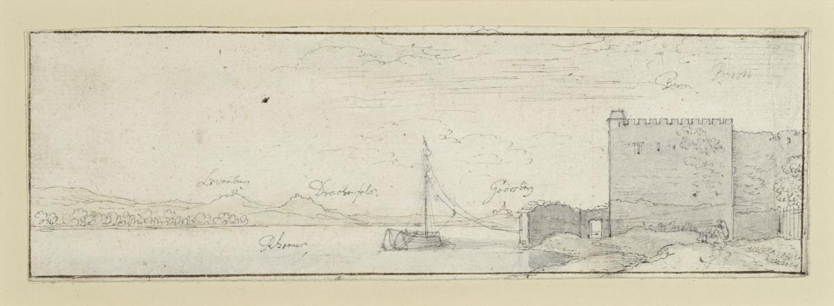 Festungsanlagen am Rhein bei Bonn. Über der Festung steht: Bonn, links außerdem die Ortsangaben: Löwenburg (?), Drachenfels, Godesberg, Rhenus