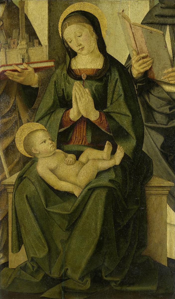 Thronende Maria, das Kind verehrend, mit dem heiligen Petrus und einem heiligen Dominikaner
