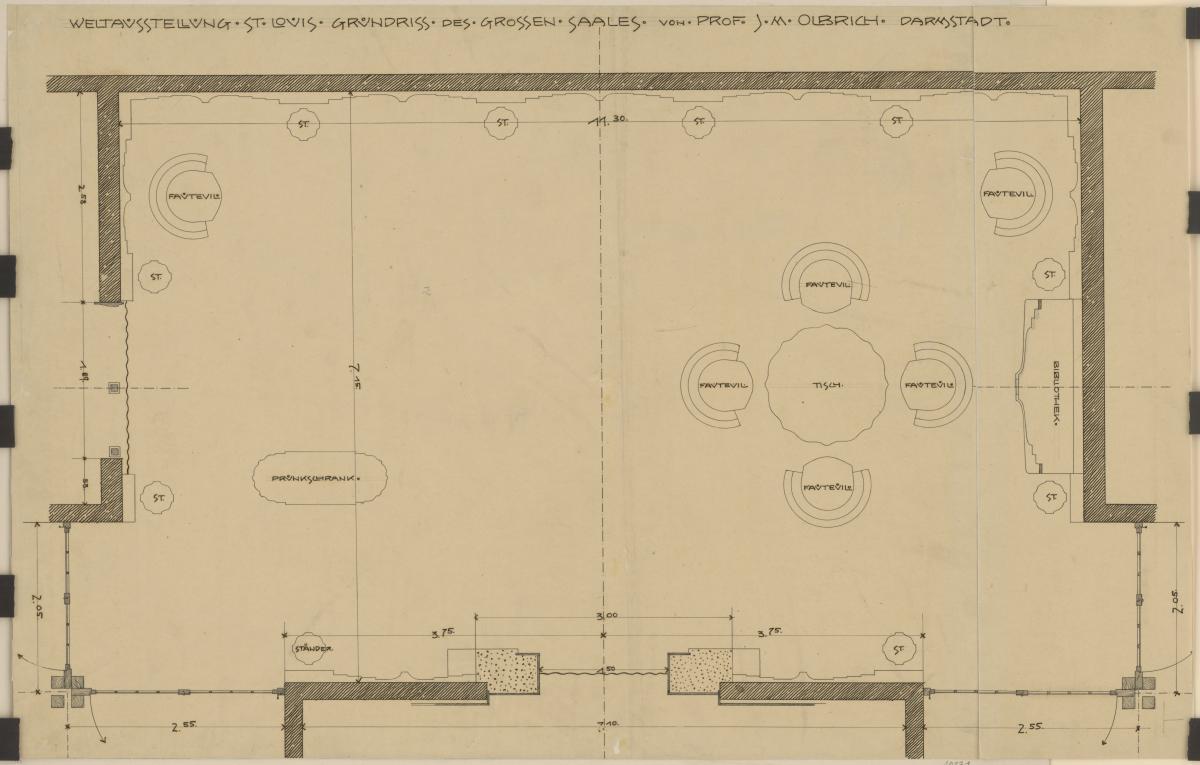St. Louis, Sommersitz eines Kunstfreundes auf der internationalen Ausstellung, Bibliothek, Raum 24, Grundriss mit Möblierungsplan