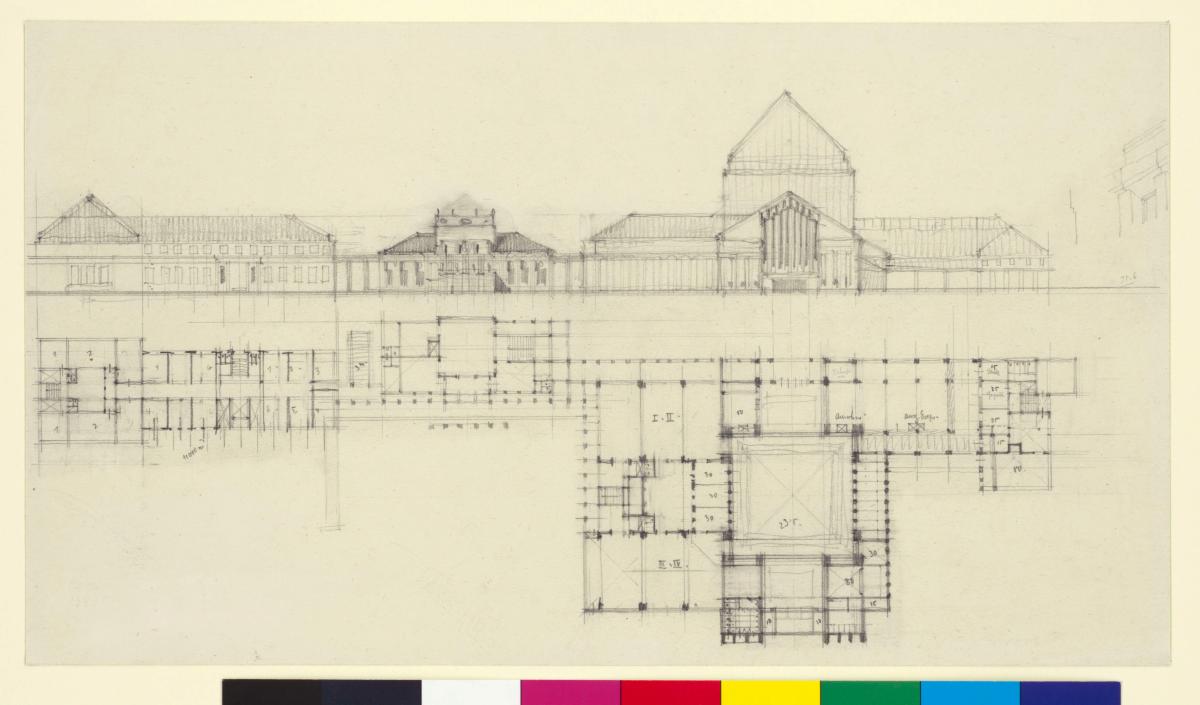 Darmstadt, Projekt Bahnhofsgebäude, vorbereitende Skizze, Aufriss der Hauptfassade und Grundriss