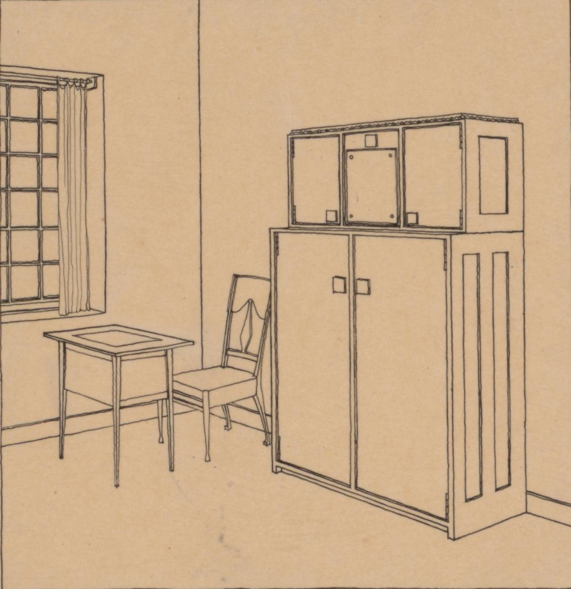 Friedberg, Zimmer für Firma H. Bindewald, Schlafzimmer, Perspektive mit Toilettentisch, Stuhl und Schrank
