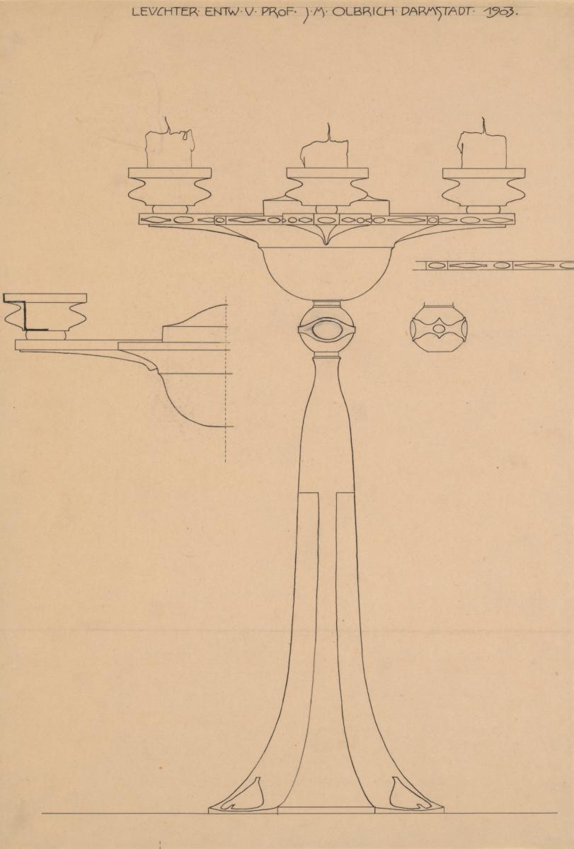 Leuchter, Aufriss, Schnitt, Detail eines dreiarmigen Leuchters